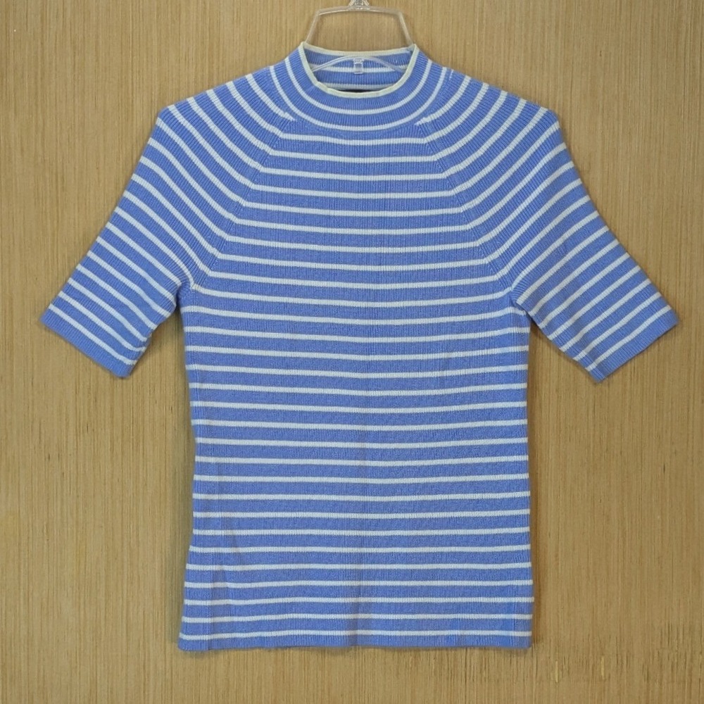 Ann Taylor Knit Top Womens Medium Blue Striped Mock Neck Preppy Coastal Grandma